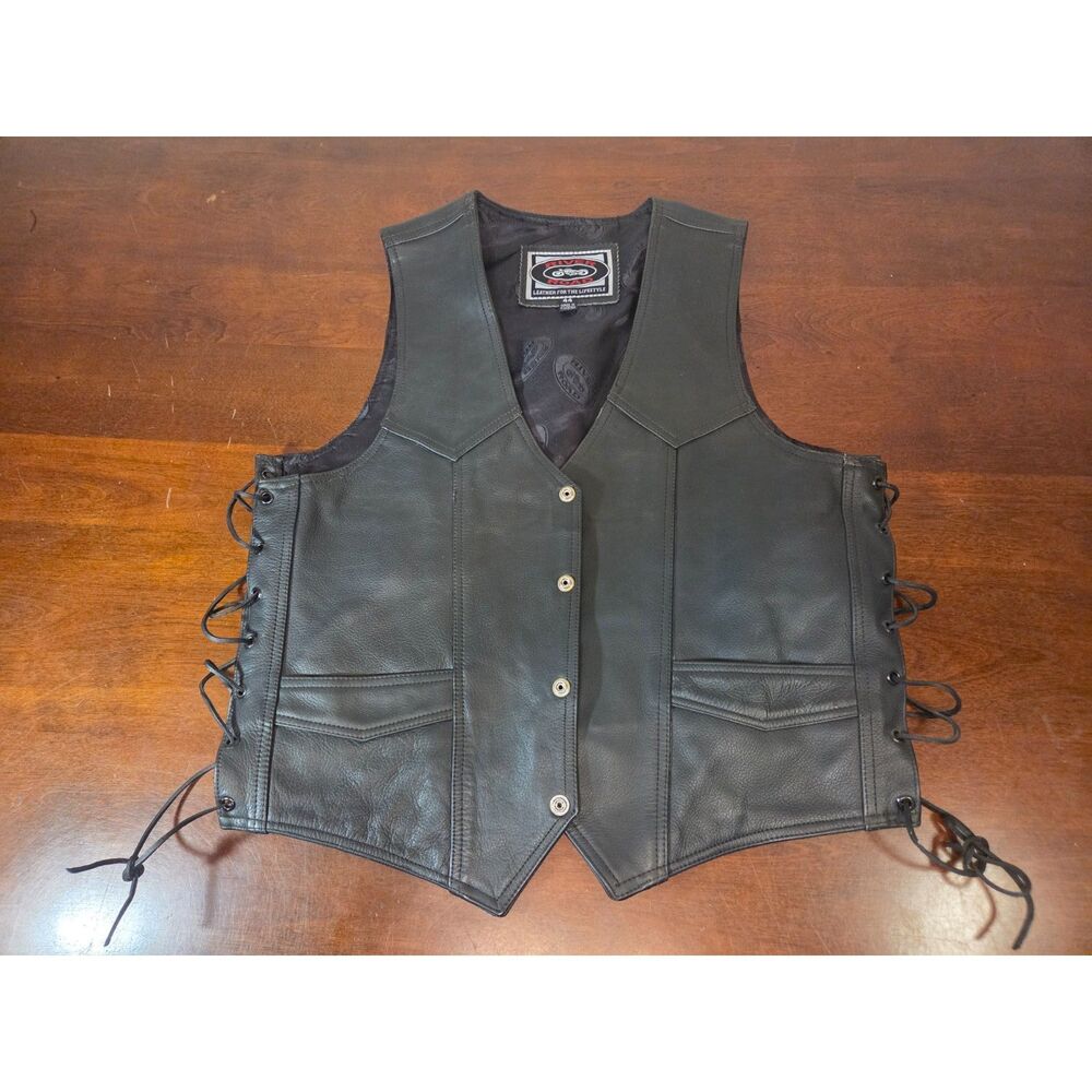 ​River Road Men's Black Leather Motorcycle Vest Side Lace Biker Cruiser Size 44